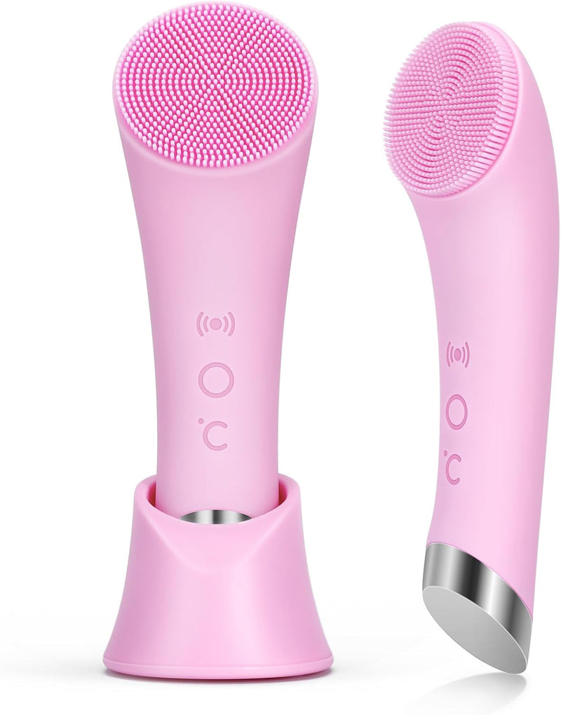 Facial Cleansing Brush, Rechargeable Silicone Face Scrubber with Heat Massage End, Vibrating Exfoliator Scrubber for Deep Cleaning, Waterproof Face Brush for Women and Men (Pink)
