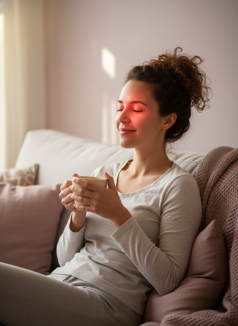 A woman in her late 20s or early 30s wears a white LED red light therapy face mask at home, relaxing on a sofa.