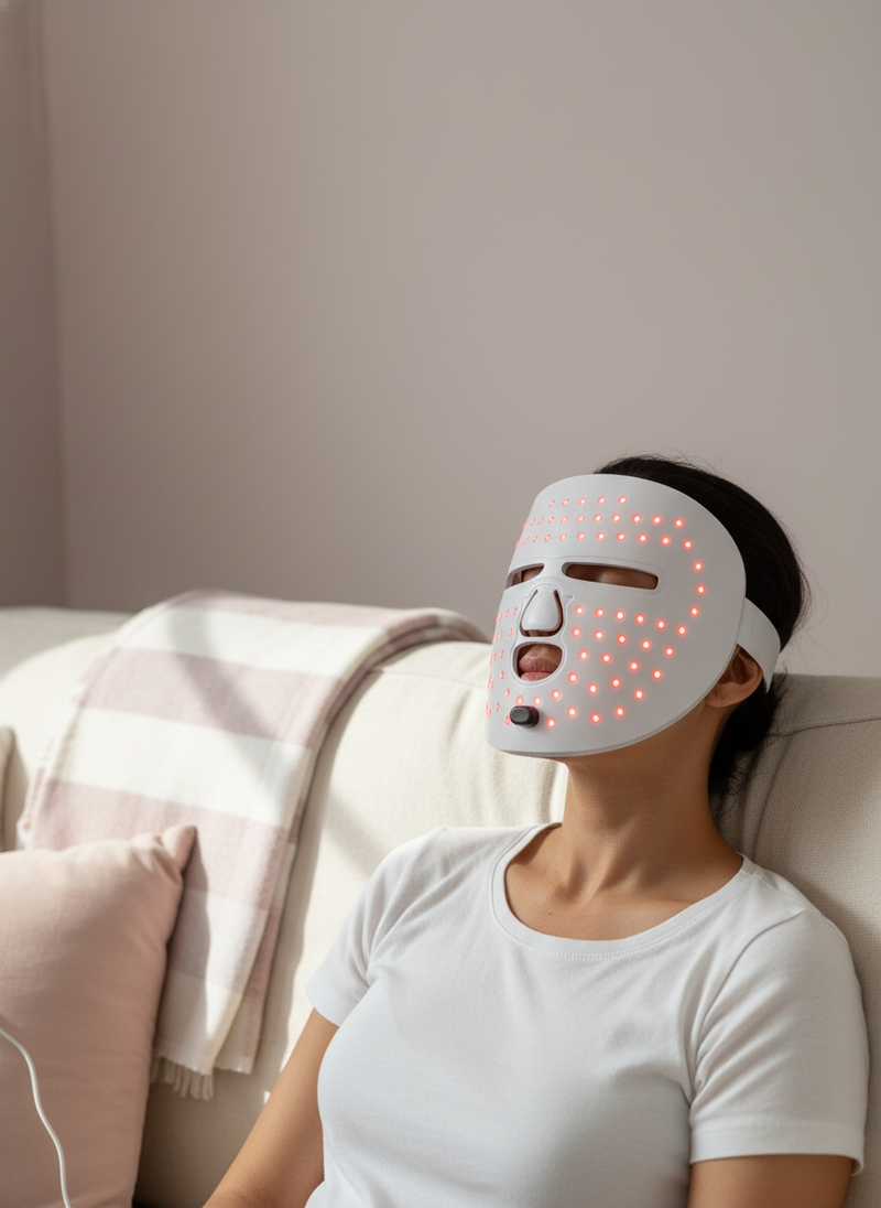 A person with glowing skin wears an LED red light therapy face mask while relaxing on a cream sofa in natural daylight, with 