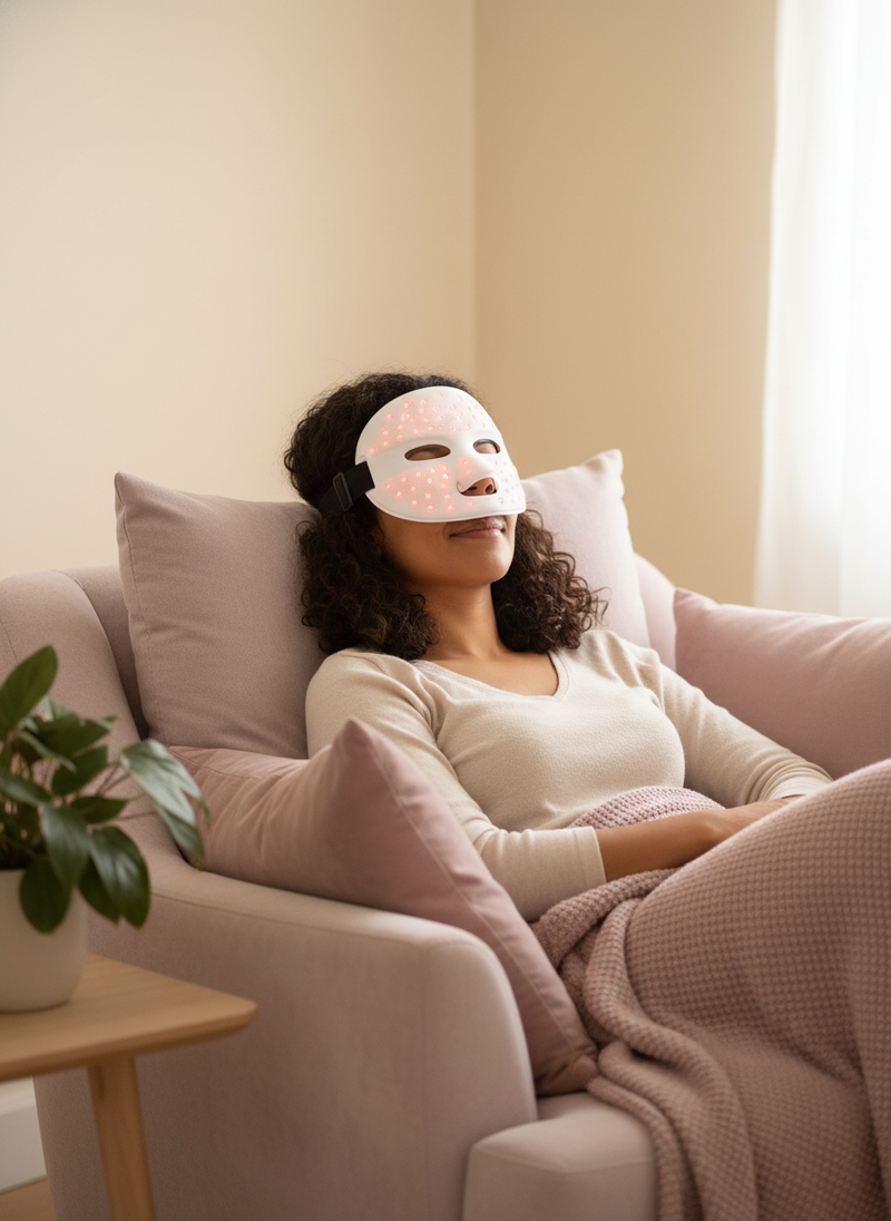 A person with diverse representation relaxes on a sofa, wearing a white LED red light therapy face mask at home.