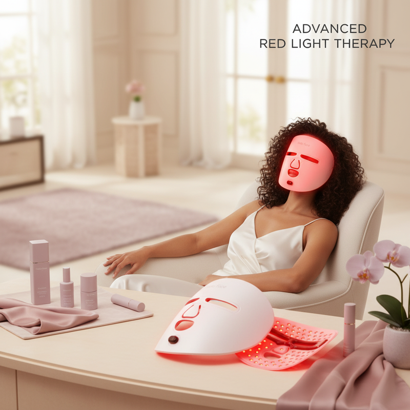 A sleek, futuristic red light therapy LED face mask is the focal point, with another mask gently placed on a diverse model's 