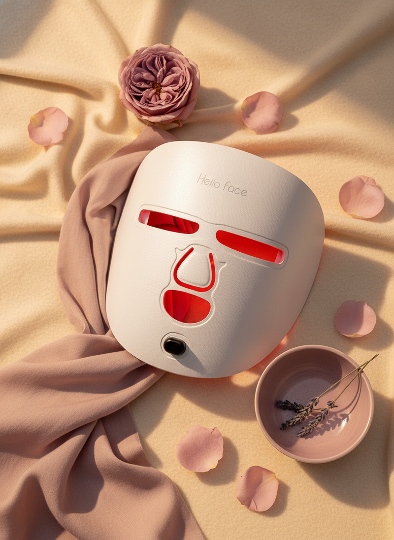 LED Face Mask Facial Care Tool with red light elements, resting on a warm cream surface, surrounded by pale mauve and rose si