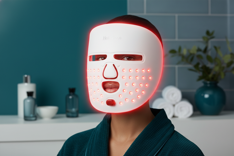 A woman with glowing skin wears a sleek, futuristic LED red light therapy face mask in a luxurious home spa setting.