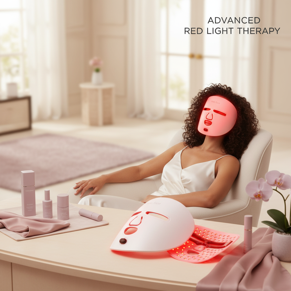A sleek, futuristic red light therapy LED face mask is the focal point, with another mask gently placed on a diverse model's 